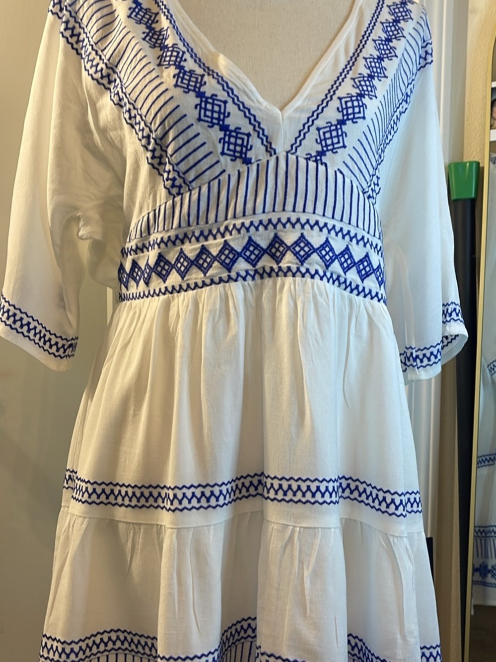 Lulu's White Midi Dress with Blue Embroidery